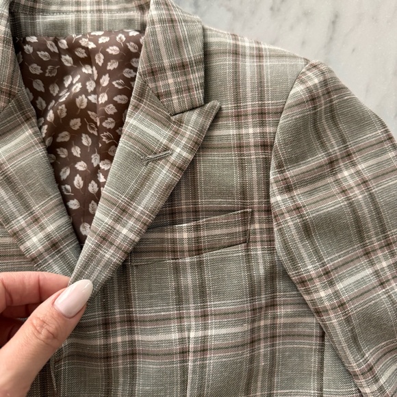 Isaac Mizrahi NewYork Boys 4 Checked Blazer Olive Brown Oxford Plaid Linen Elbow - Picture 6 of 12